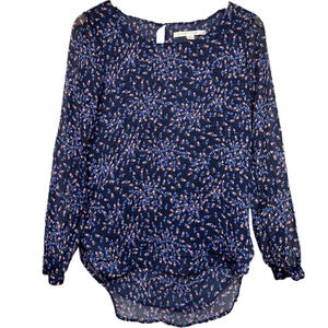 LC Lauren‎ Conrad Women's Floral Long Sleeve Navy Multicolored Blouse Size Small